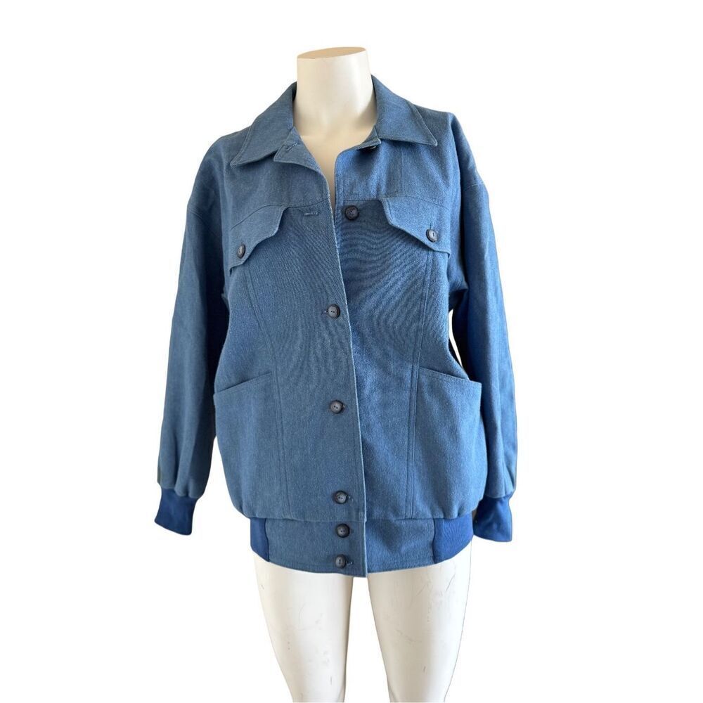 Adult unisex Large 70s light blue denim chambray jacket large pockets varsity